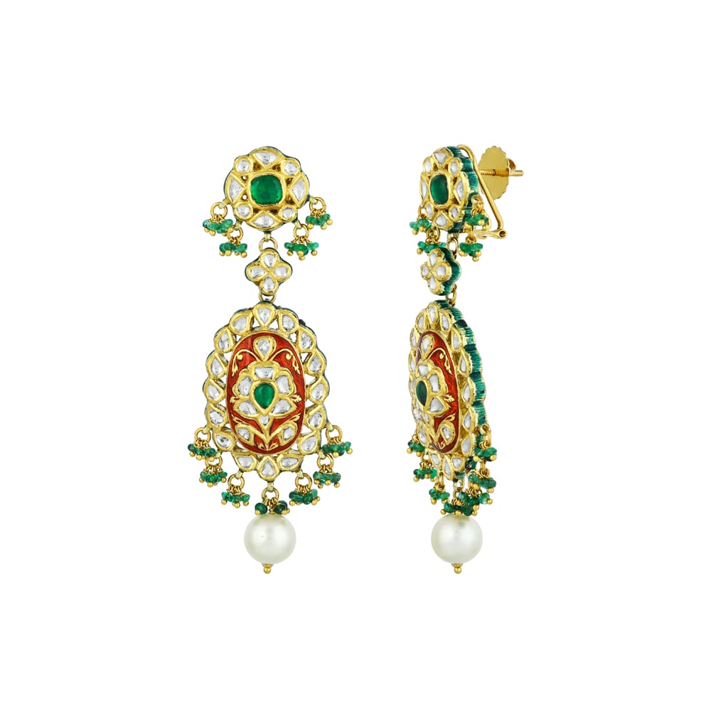 Red Enamel Earrings with Polki, Emerald, Green Beads & Pearl